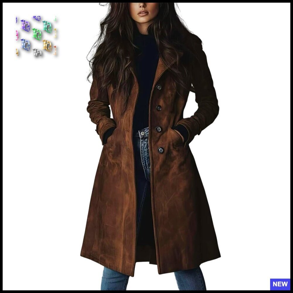 Long Faux Suede Trench Coat Slim Fit Classic Elegant Button Closure Chic